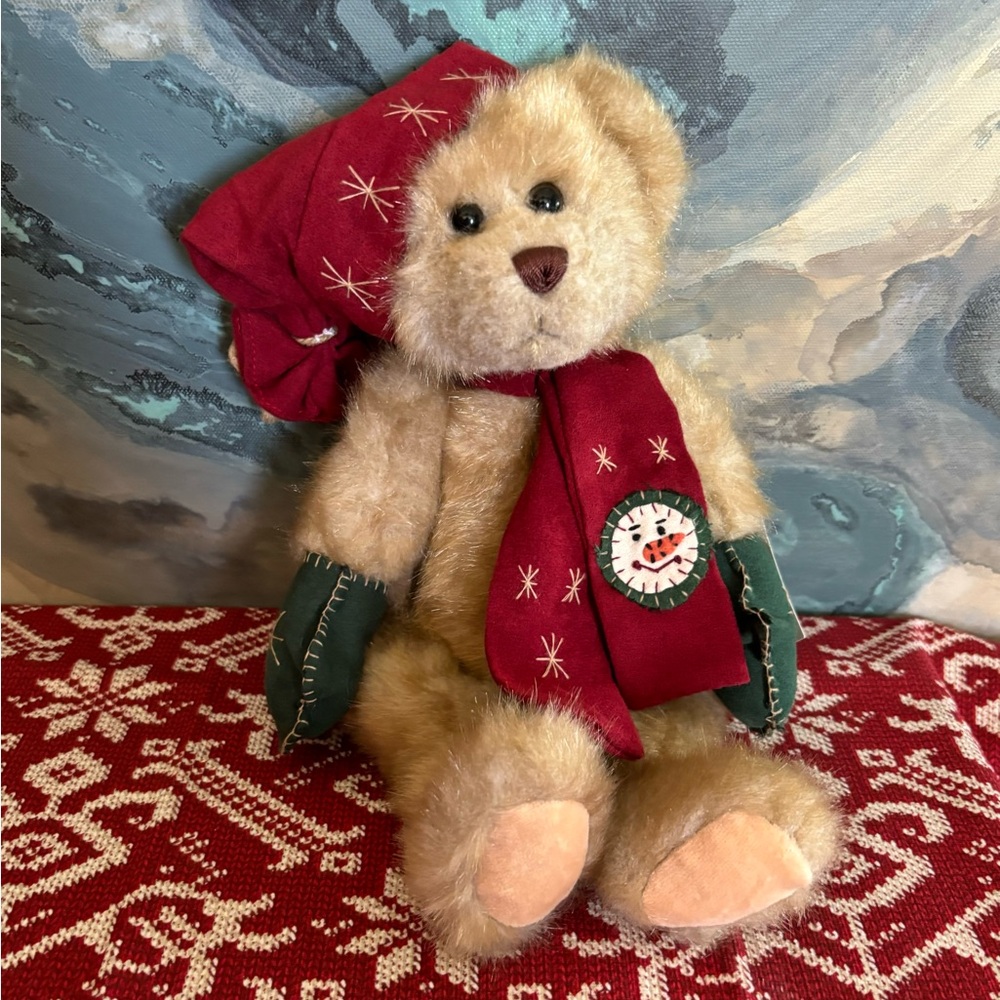 Vintage 90s Ganz Teddy Bear Curtis Jointed Winter Hat Mittens Scarf Christmas